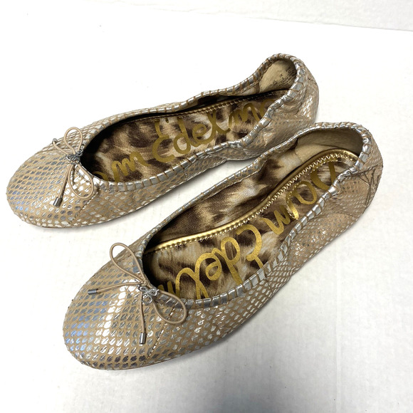 Sam Edelman Felicia Ballet Flat Ballerina Silver Snake Metallic Leather Bow 10 - Picture 4 of 7